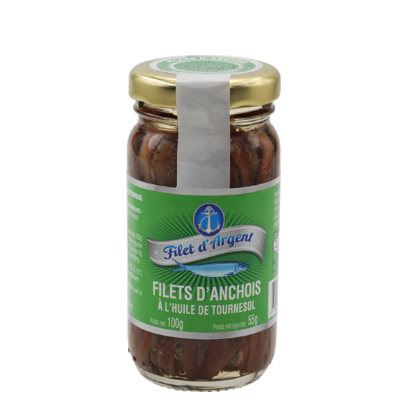 conserve d'anchois FILET D'ARGENT: Filets d'anchois à l'huile de tournesol - bocal verre 100g