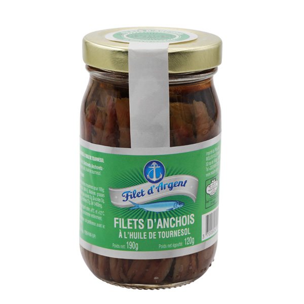 Anchois FILET D'ARGENT: conserve à l'huile de tournesol - bocal verre 190g