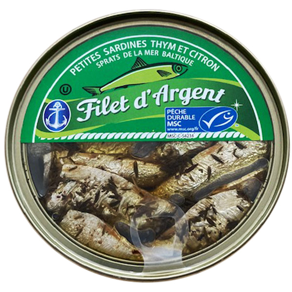Sprats FILET D'ARGENT: Petites Sardines au Thym et au Citron, conserve à l'huile végétale